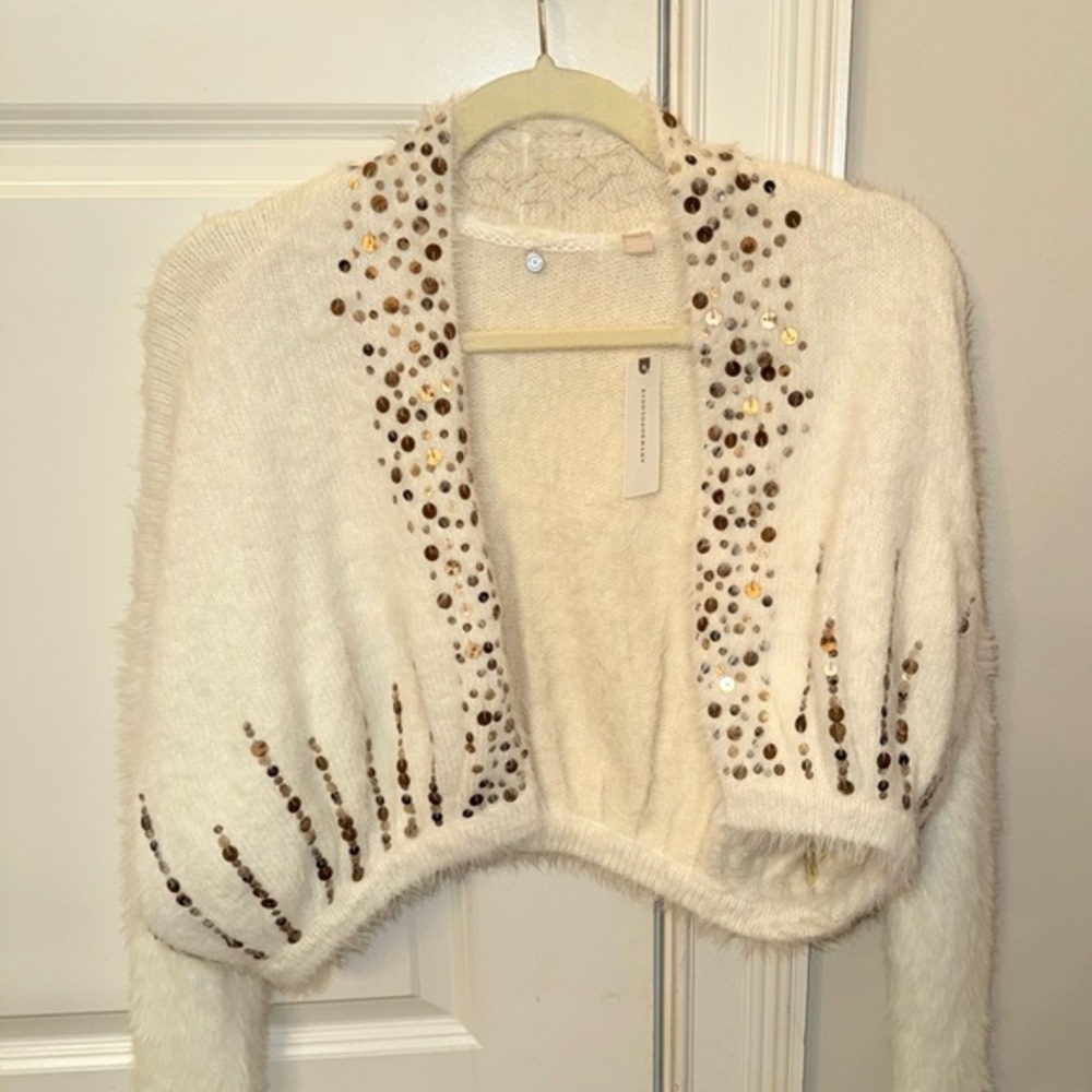 Maeve Anthropologie Cream Sequin Cardigan Size Small